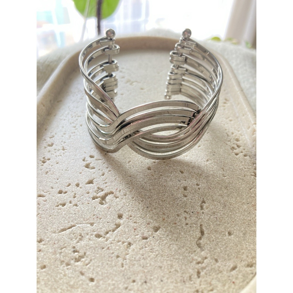 Silver Tone Wave Cuff Bracelet Openwork Multi Strand Modernist Abstract Metal